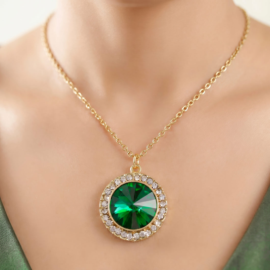 PRAO Necklace Anti-Tarnish Emerald Crystal Pendant