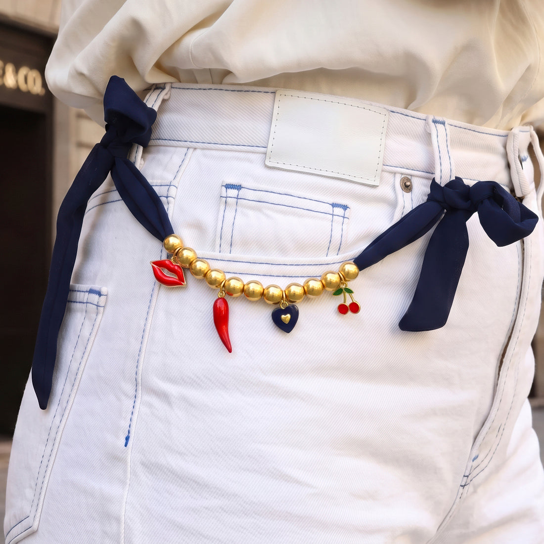 PRAO Necklace Anti-Tarnish Navy Ribbon Charm Chain