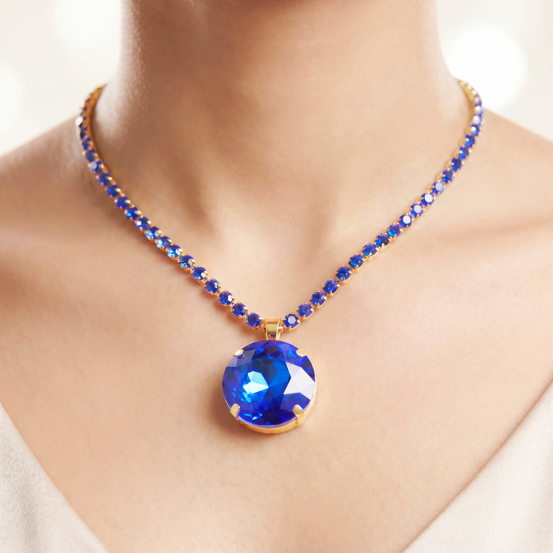 PRAO Necklace Anti-Tarnish Oversized Round Royal Blue Crystal Pendant