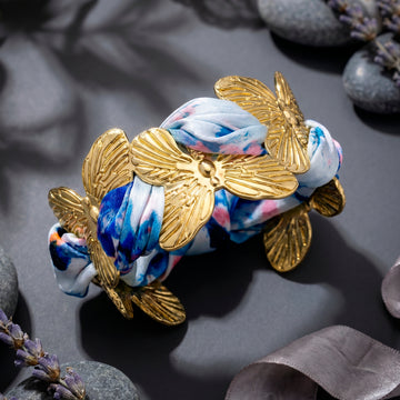 PRAO Bracelet Anti-Tarnish Golden Butterfly Cuff With Floral Silk Print Bow (Adjustable Size)