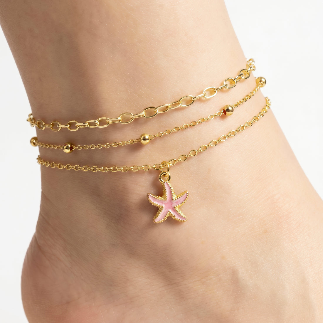 PRAO 3 Anklet Anti-Tarnish Triple-Layered Set With Pink Starfish Charm (Color May Vary)