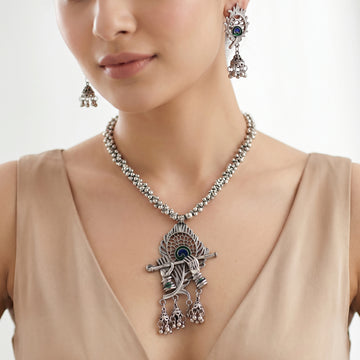 PRAO Necklace Anti-Tarnish Krishna Flute Oxidized Set With Earrings