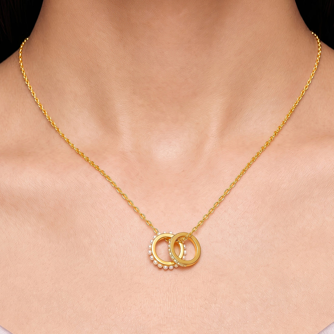 PRAO Necklace Anti-Tarnish Double Ring Pearl Chain