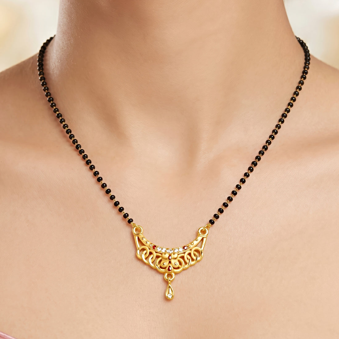 PRAO Necklace Anti-Tarnish Traditional Mangalsutra With Crescent Pendant And Black Beads