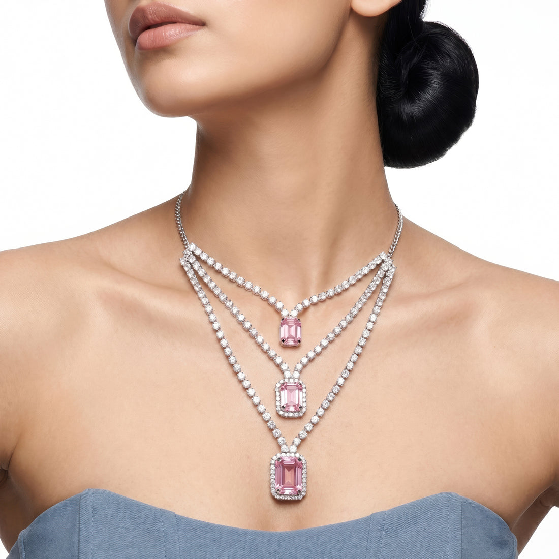 PRAO Necklace Anti-Tarnish Tiered Crystal Chain With Emerald-Cut Pink Stones