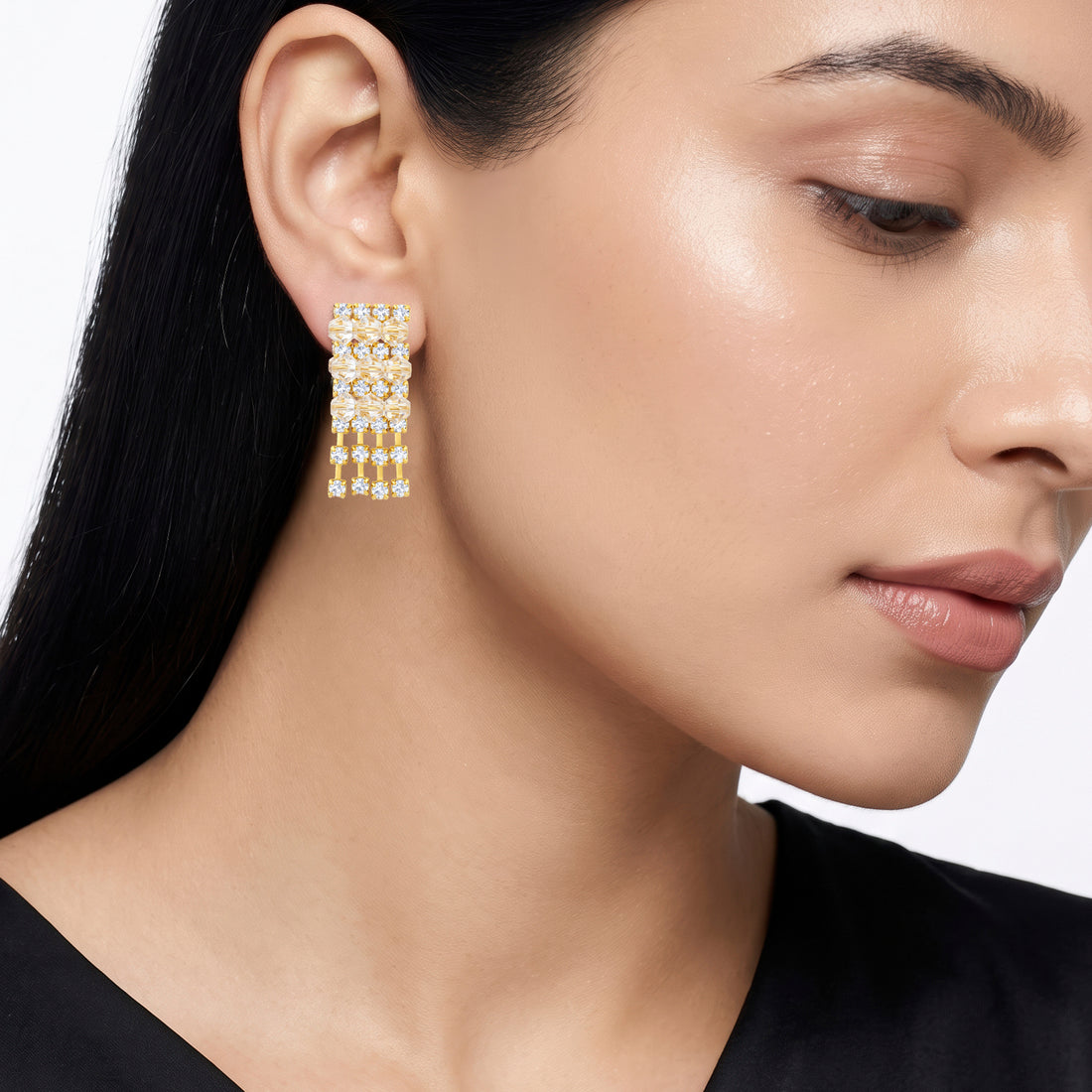 PRAO Earrings Anti-Tarnish Statement Dangles With Crystal Beads And Rhinestone Fringe
