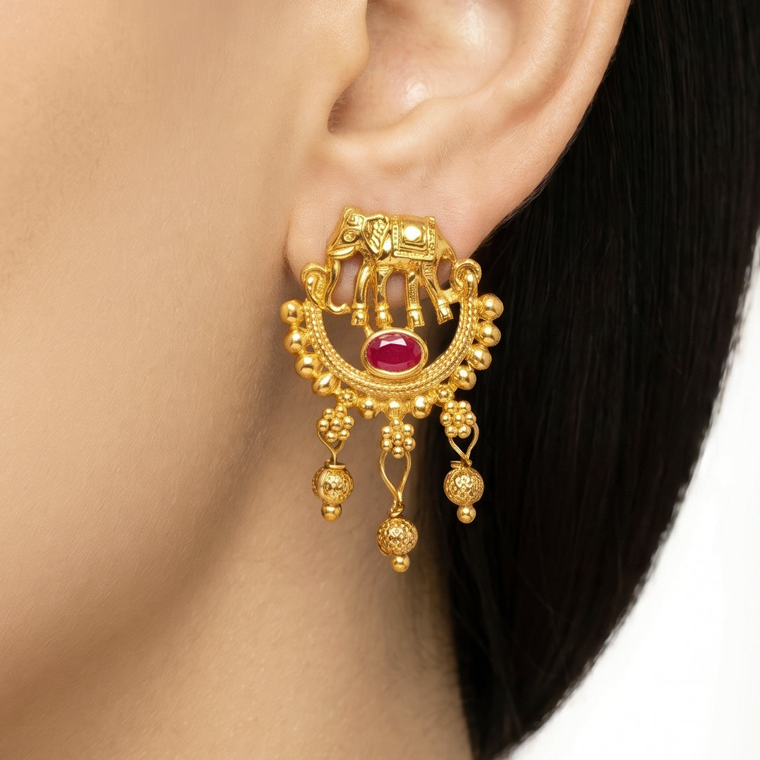 PRAO Earrings Anti-Tarnish Elephant Drop With Pink Stone And Gold Beads