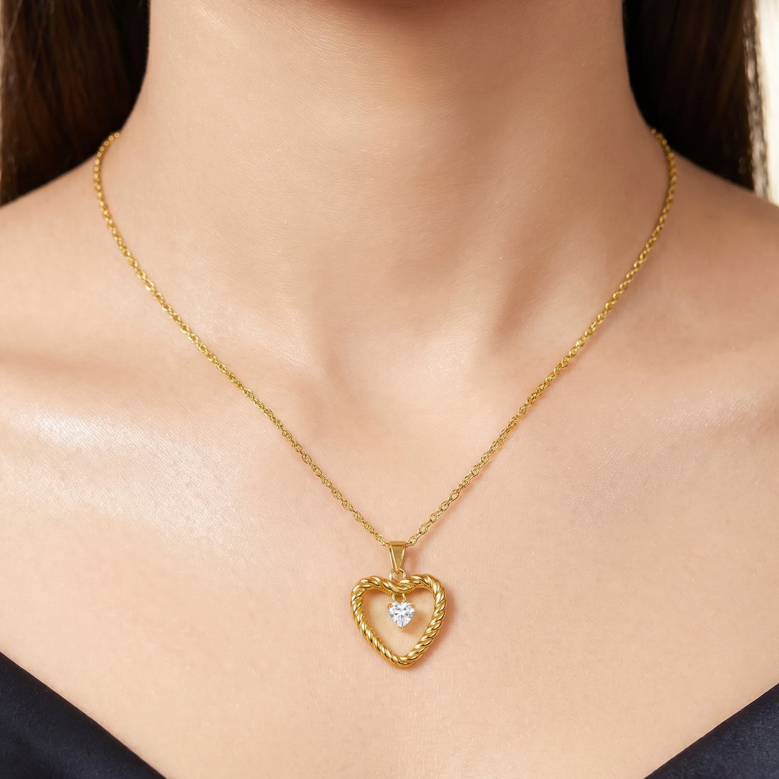 PRAO Necklace Anti-Tarnish Heart Pendant With Crystal