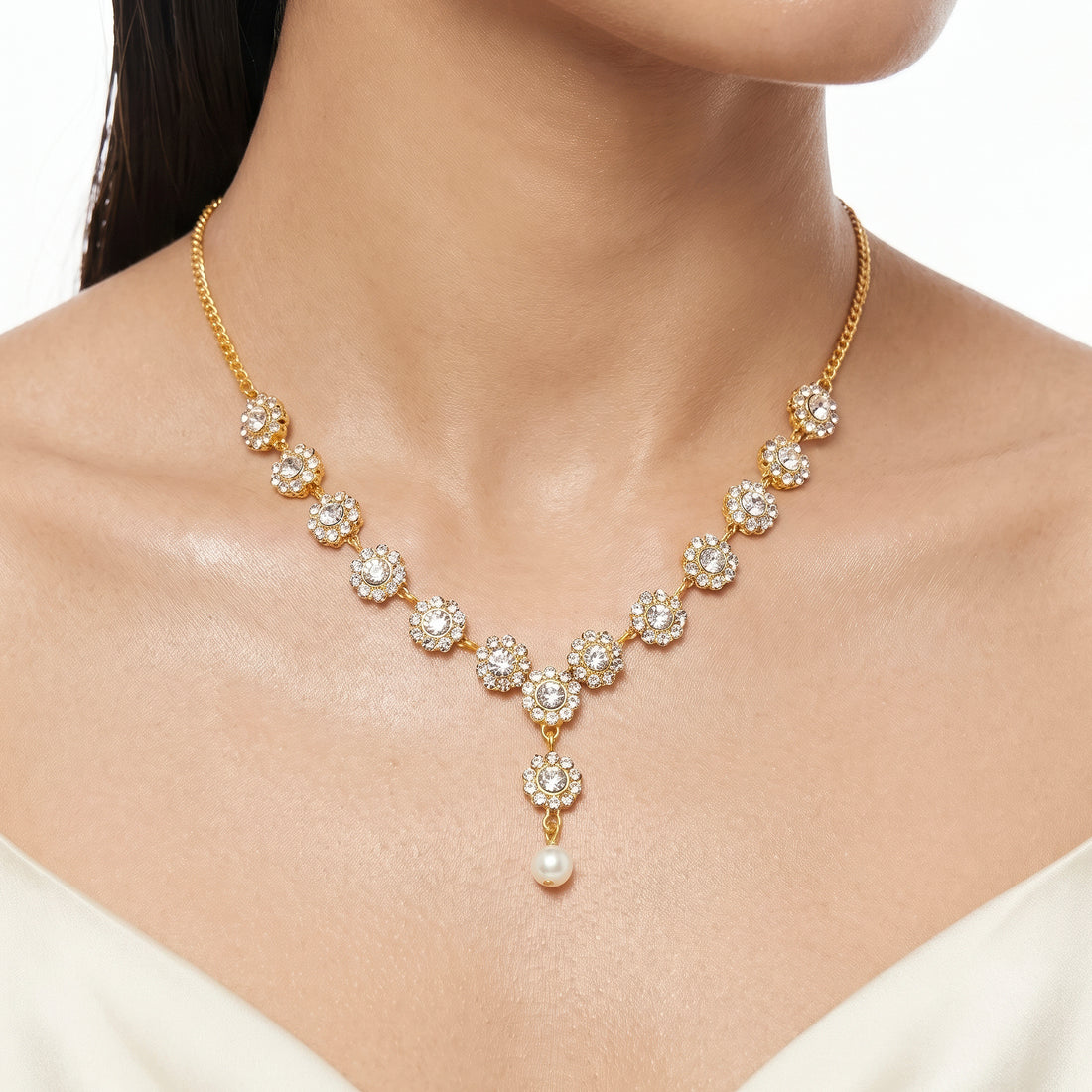 PRAO Necklace Anti-Tarnish Floral Crystal Pearl Statement Set With Earrings