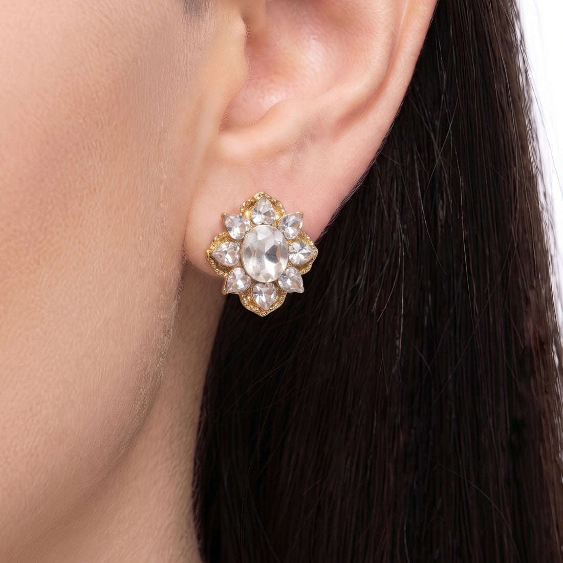 PRAO Earrings Anti-Tarnish Floral Crystal Studs