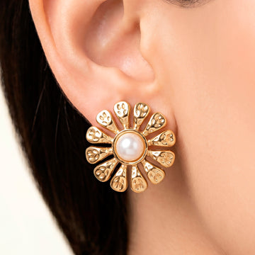 PRAO Earrings Anti-Tarnish Mini Sunflower Studs With Faux Pearl