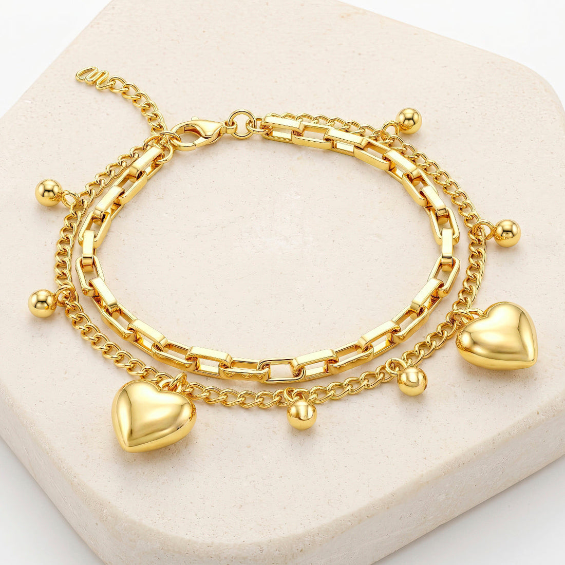 PRAO Bracelet Anti-Tarnish Gold Plated Layered Heart Charms (Adjustable Size)