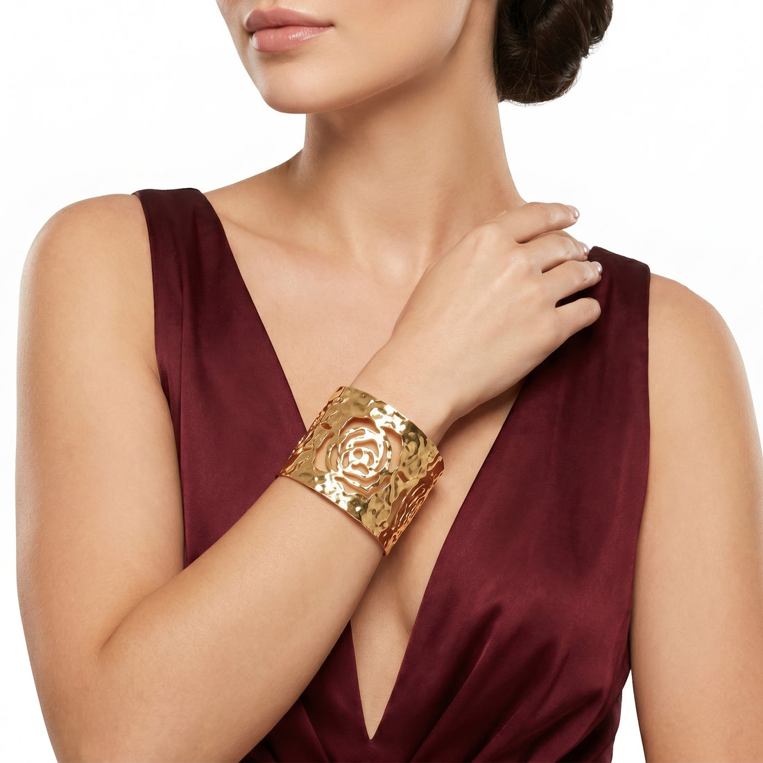 PRAO Bracelet Anti-Tarnish Broad Cuff With Rose Pattern (Adjustable Size)