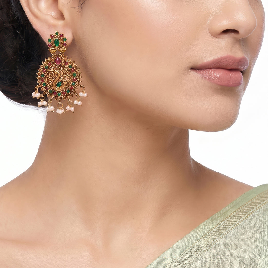 PRAO Earrings Anti-Tarnish Antique Peacock Stone Chandbali