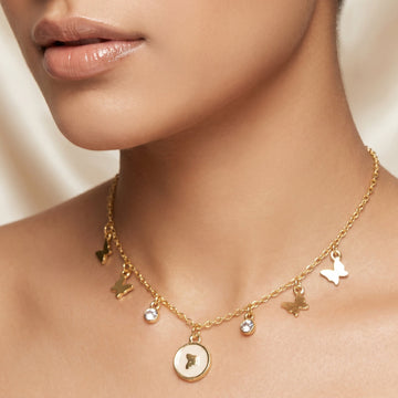 PRAO Necklace Anti-Tarnish Gold Plated Minimalist Chain With Butterfly Charms, Bezel-Set Crystals & Pendant Set