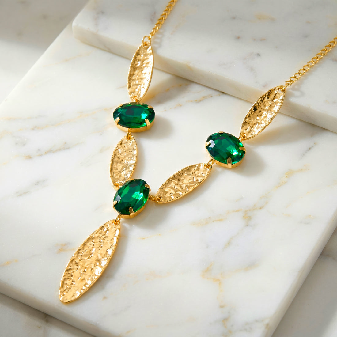 PRAO Necklace Anti-Tarnish Gold Plated Emerald Set