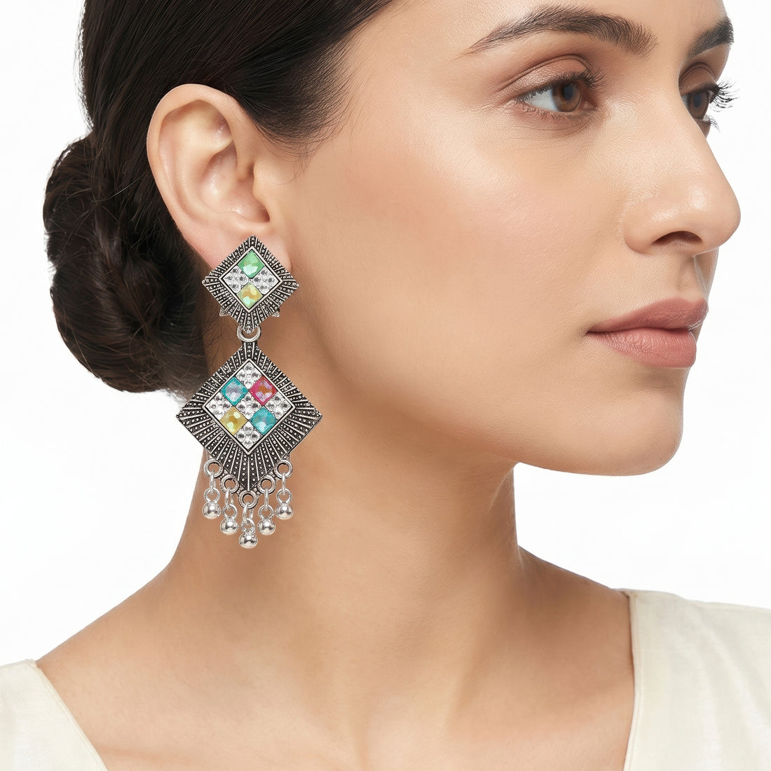 PRAO Earrings Anti-Tarnish Geometric Drop With Metallic Beads