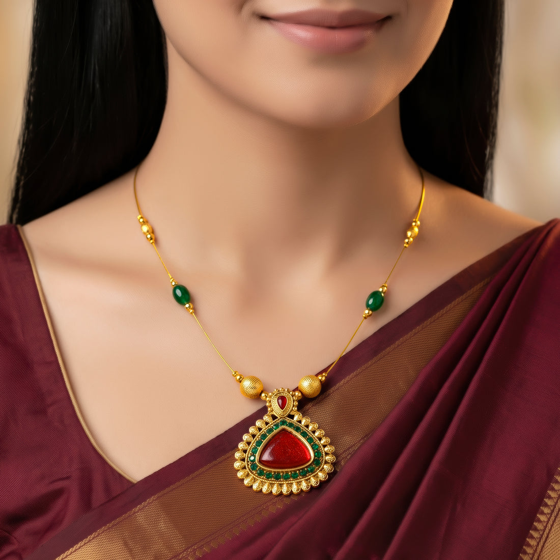 PRAO Necklace Anti-Tarnish Green Bead Accent With Textured Triangular Pendant And Red Enamel