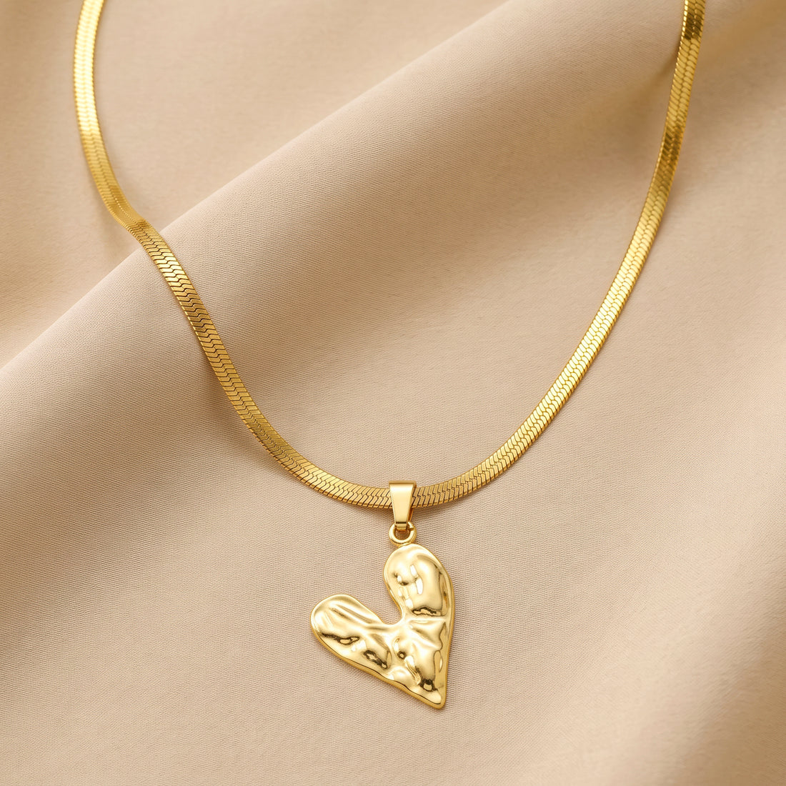 PRAO Necklace Anti-Tarnish Gold Plated Textured Heart Pendant Herringbone Chain