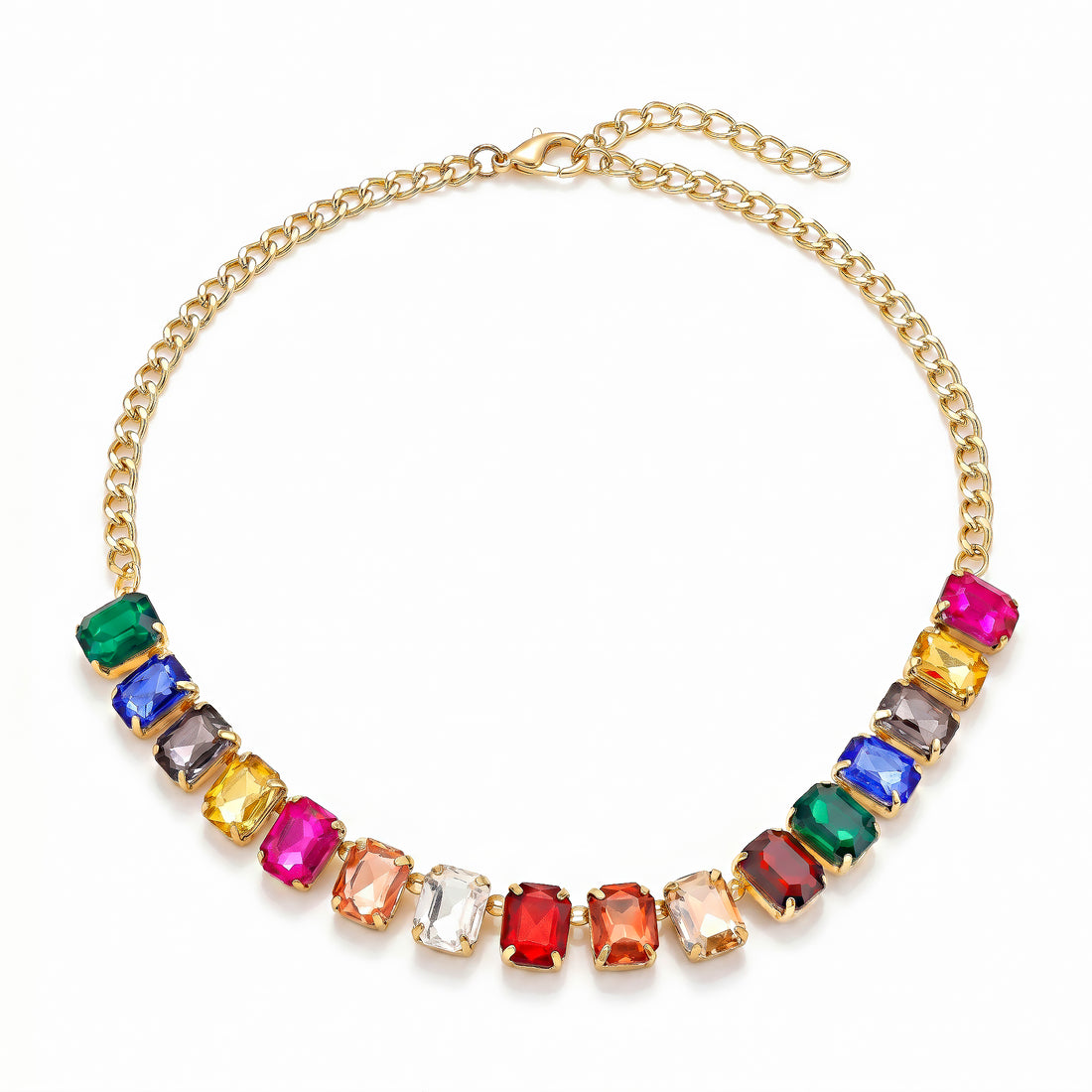 PRAO Necklace Anti-Tarnish Multicolor Emerald-Cut Crystal Single-Line