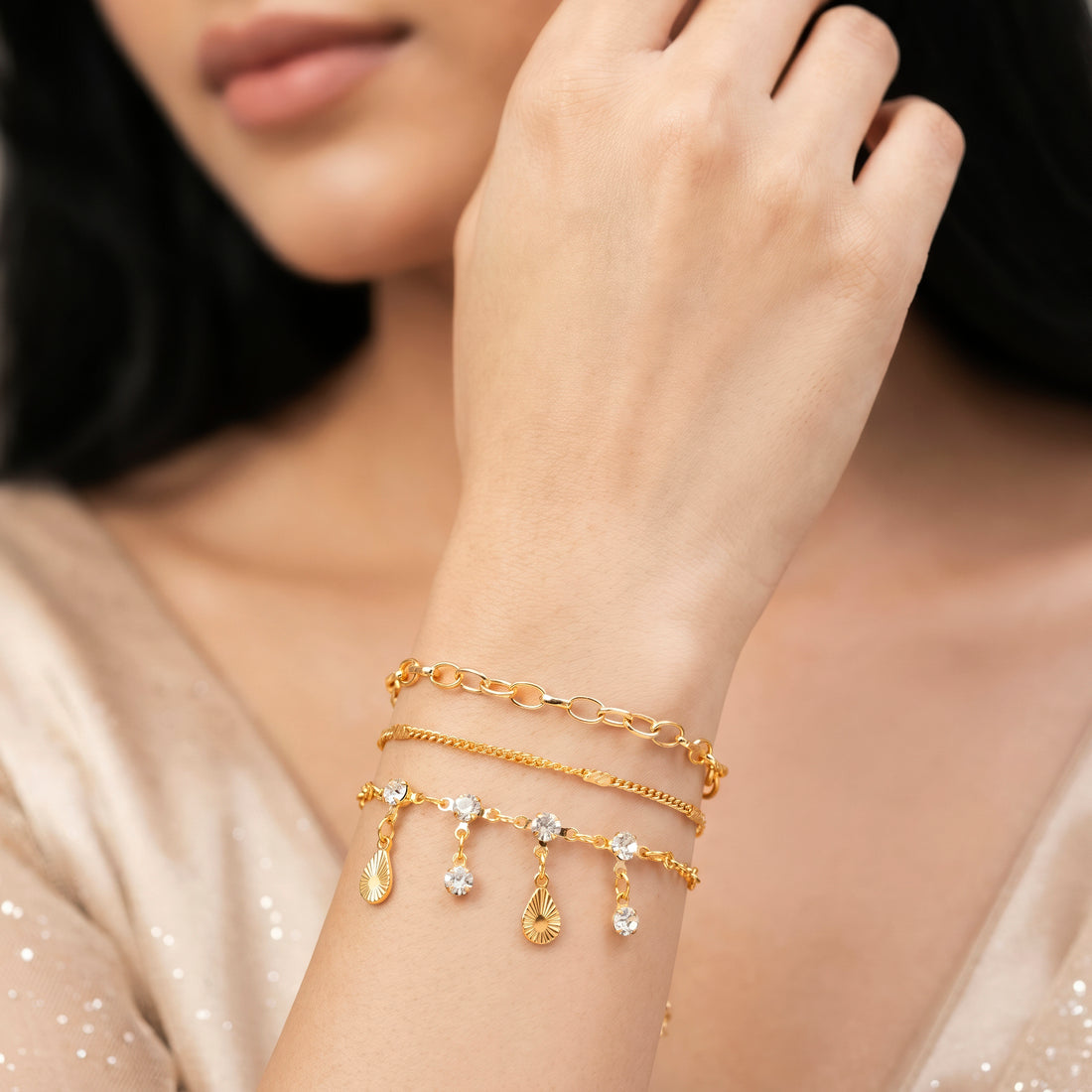 PRAO 3 Bracelet Anti-Tarnish Three Chain With Link And Dangling Charms. (Adjustable Size)