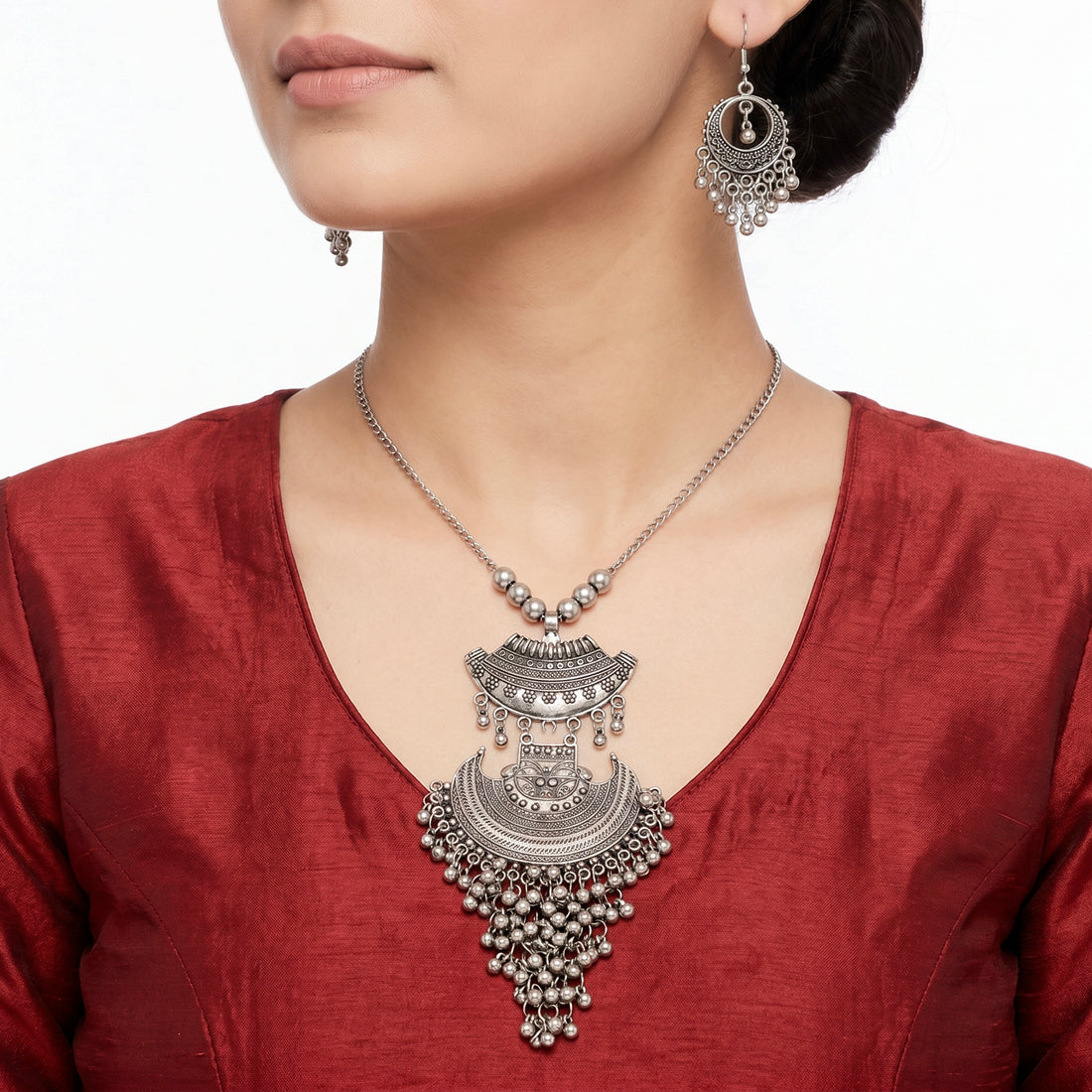 PRAO Necklace Anti-Tarnish Oxidised Tribal Half Moon Ghungroos Set With Earrings