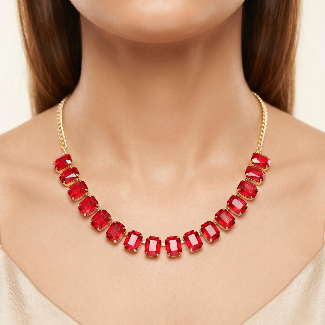 PRAO Necklace Anti-Tarnish Ruby Red Emerald-Cut Crystal Single-Line