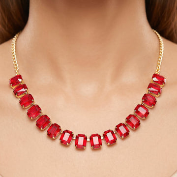 PRAO Necklace Anti-Tarnish Ruby Red Emerald-Cut Crystal Single-Line