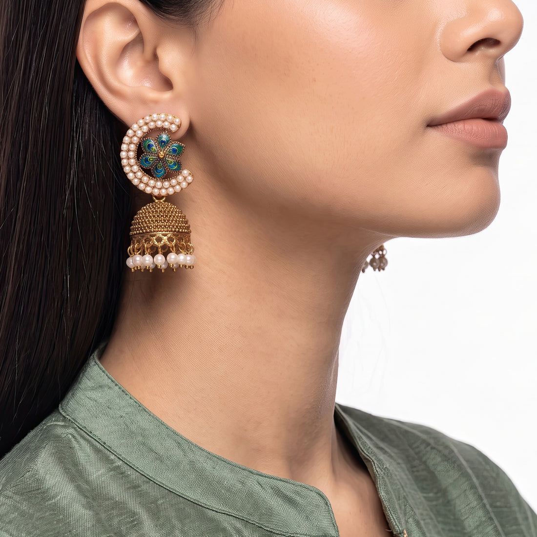 PRAO Earrings Anti-Tarnish Peacock Pearl Jhumkas