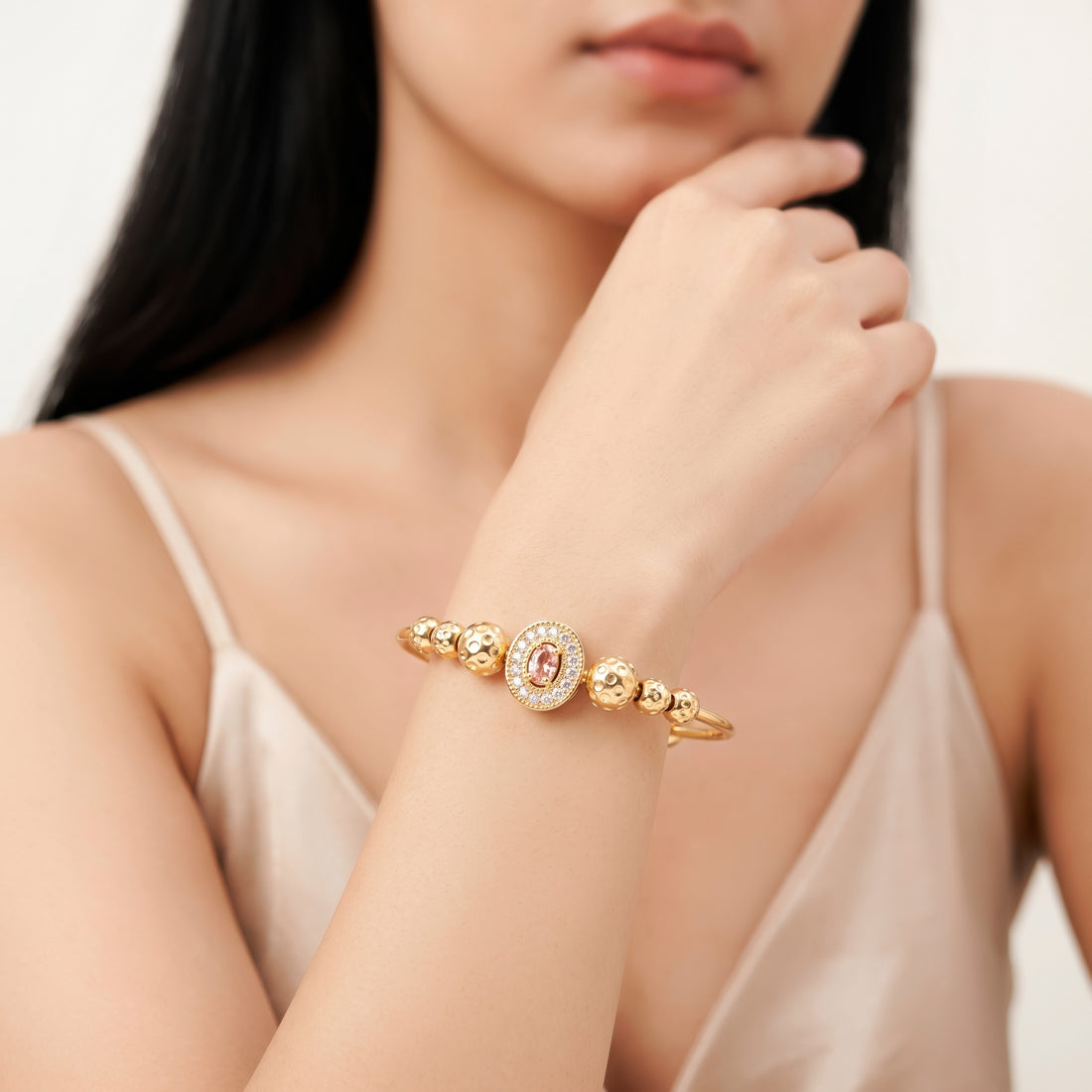 PRAO Bracelet Anti-Tarnish Bangle With Pink Crystal Center And Textured Bead Accents (Adjustable Size)