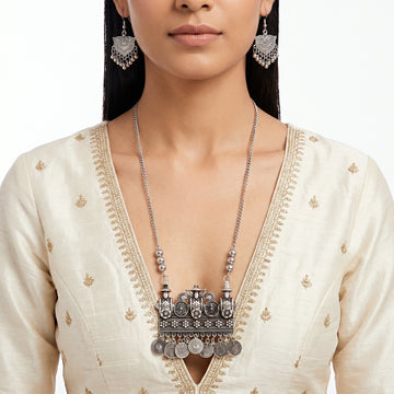 PRAO Necklace Anti-Tarnish Oxidised Floral Coin Set With Earrings