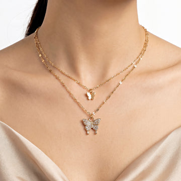 PRAO Necklace Anti-Tarnish Double Layered Butterfly