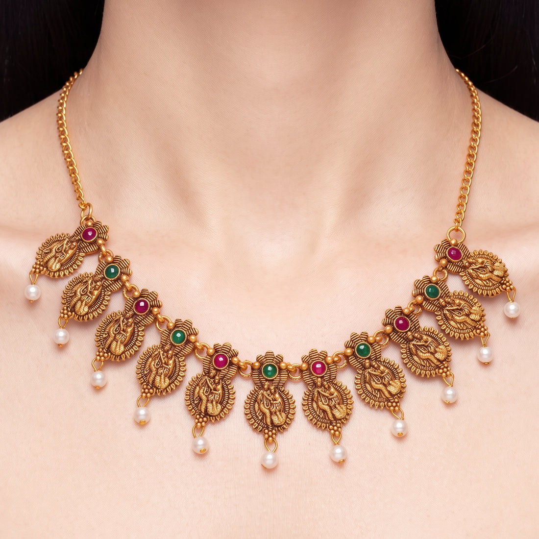 PRAO Necklace Anti-Tarnish Temple-Inspired Design With Lord Krishna, Radha, Stones, and Seed Pearls
