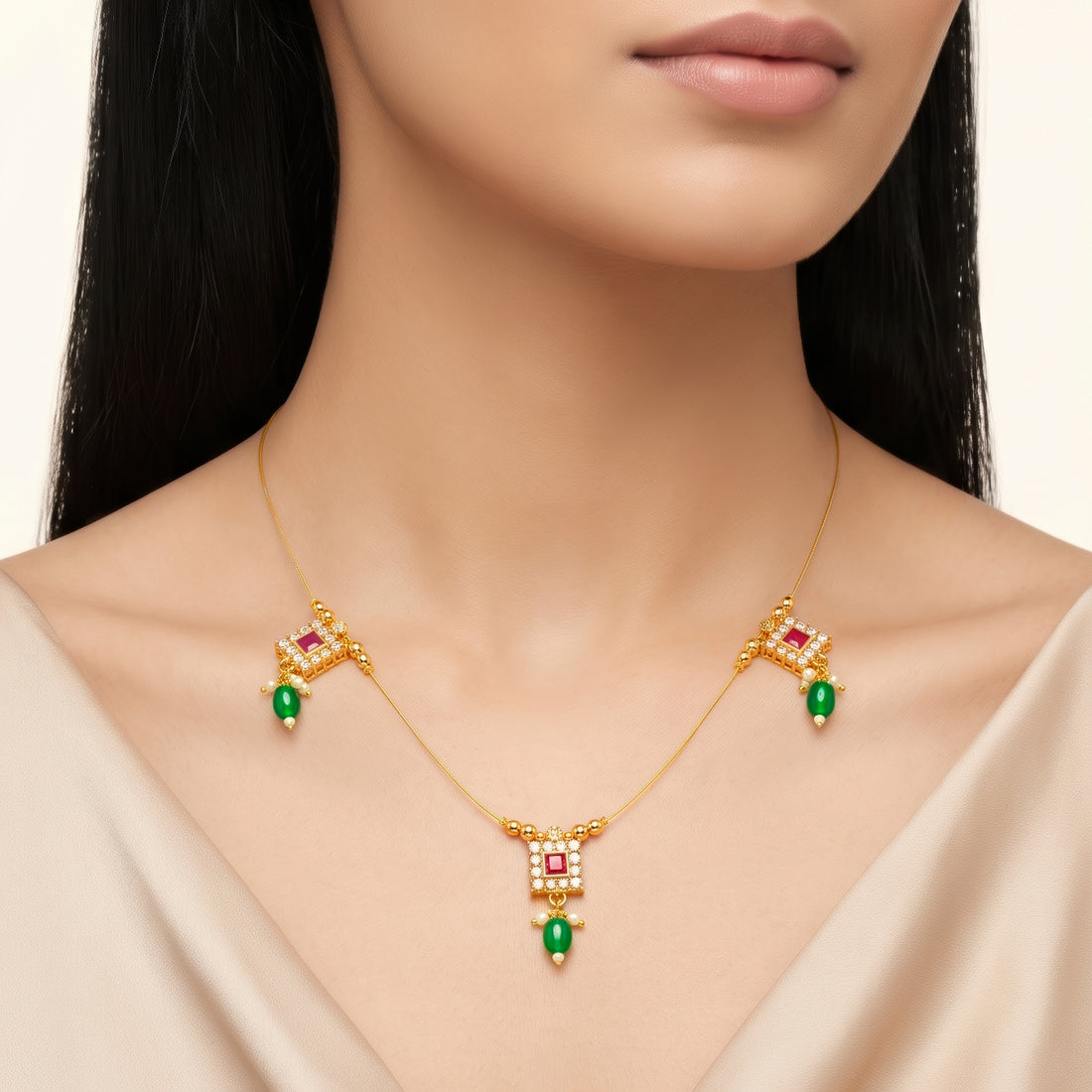 PRAO Necklace Anti-Tarnish Three Square Pendant Chain