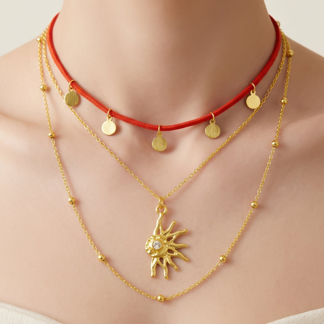 PRAO Necklace Anti-Tarnish Half-Sunburst Crystal Pendant Layered Chain