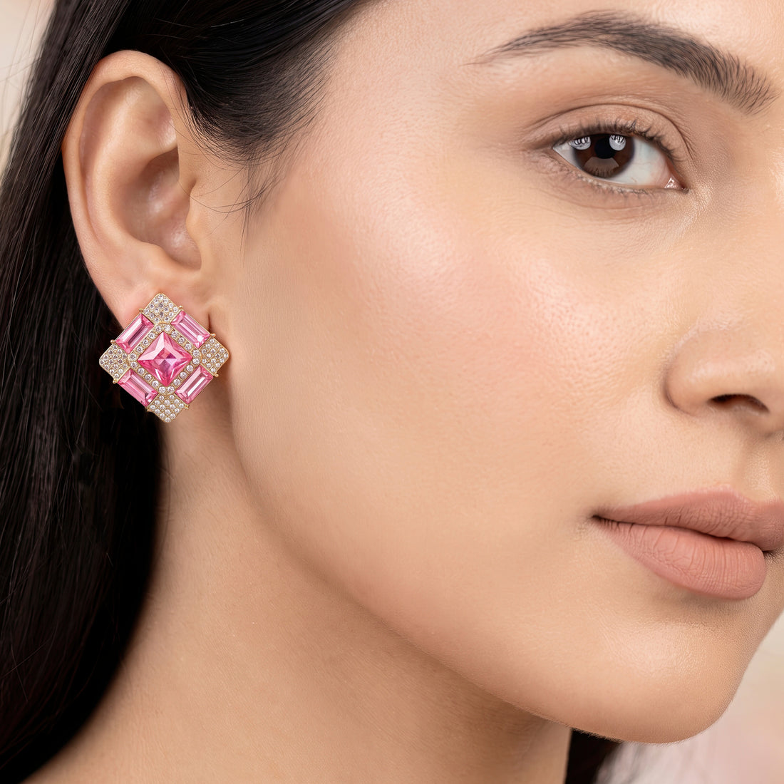 PRAO Earrings Anti-Tarnish Pink Crystal Studs