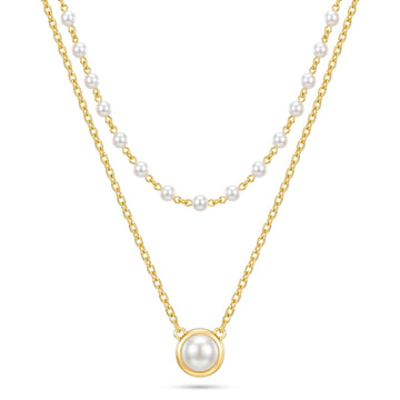 PRAO Necklace Anti-Tarnish Double Layer Pearl Charm