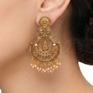 PRAO Earrings Anti-Tarnish Antique Filigree Pearl Chandbali