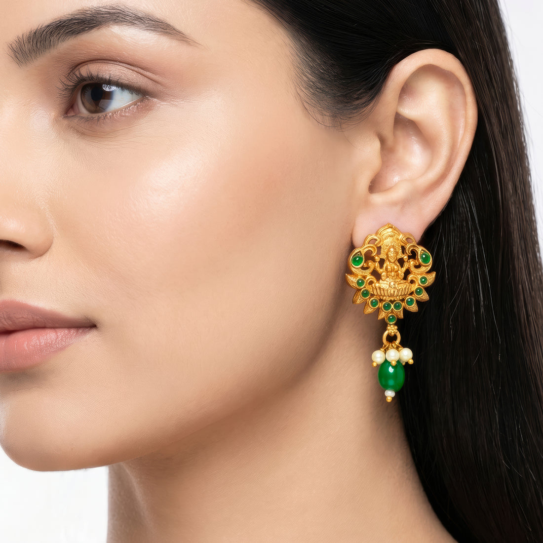 PRAO Earrings Anti-Tarnish Lakshmi Green Stone Pearl Dangles