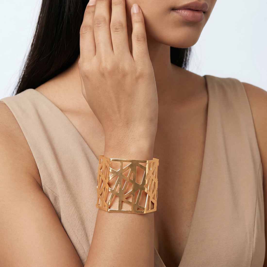 PRAO Bracelet Anti-Tarnish Geometric Cutout Statement Cuff (Adjustable Size)