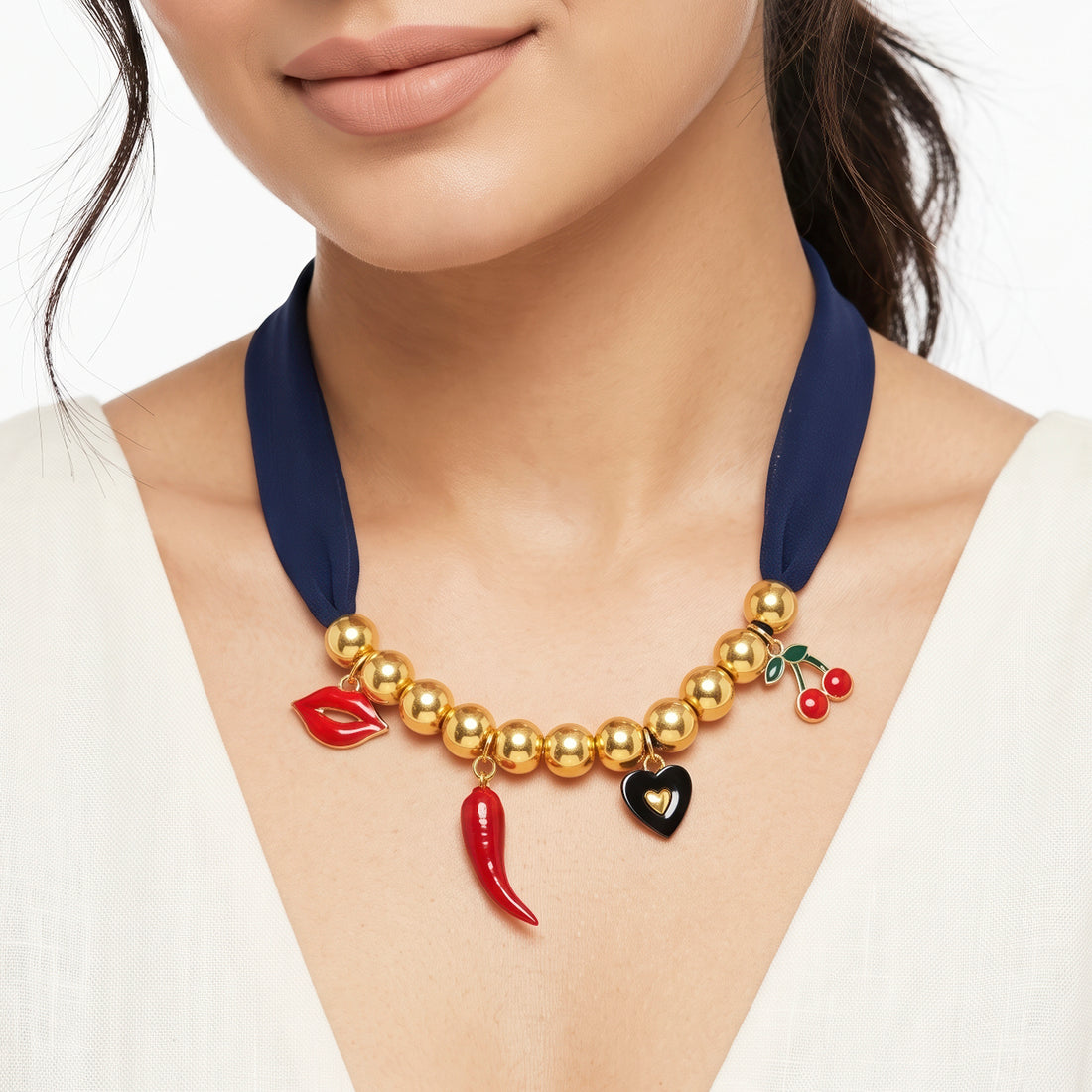 PRAO Necklace Cum Bracelet Anti-Tarnish Mixed Charm Chain With Beaded Accents And Navy Blue Fabric Ribbon Strap
