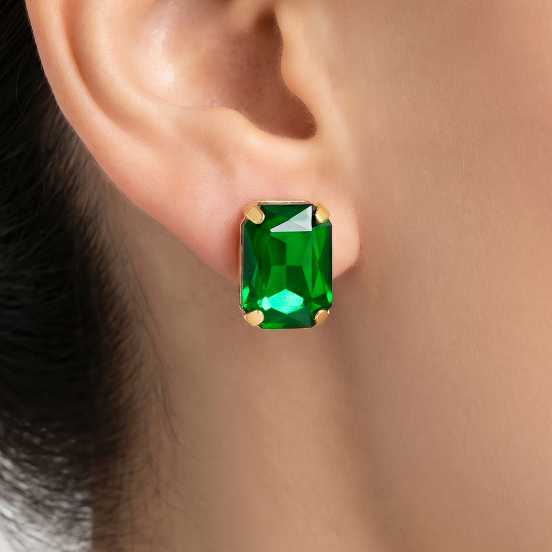 PRAO Earrings Anti-Tarnish Emerald Rectangle Crystal Studs