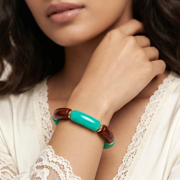 PRAO Bracelet Anti-Tarnish Tortoiseshell & Turquoise Tube Stretchable Bangle (Adjustable Size)
