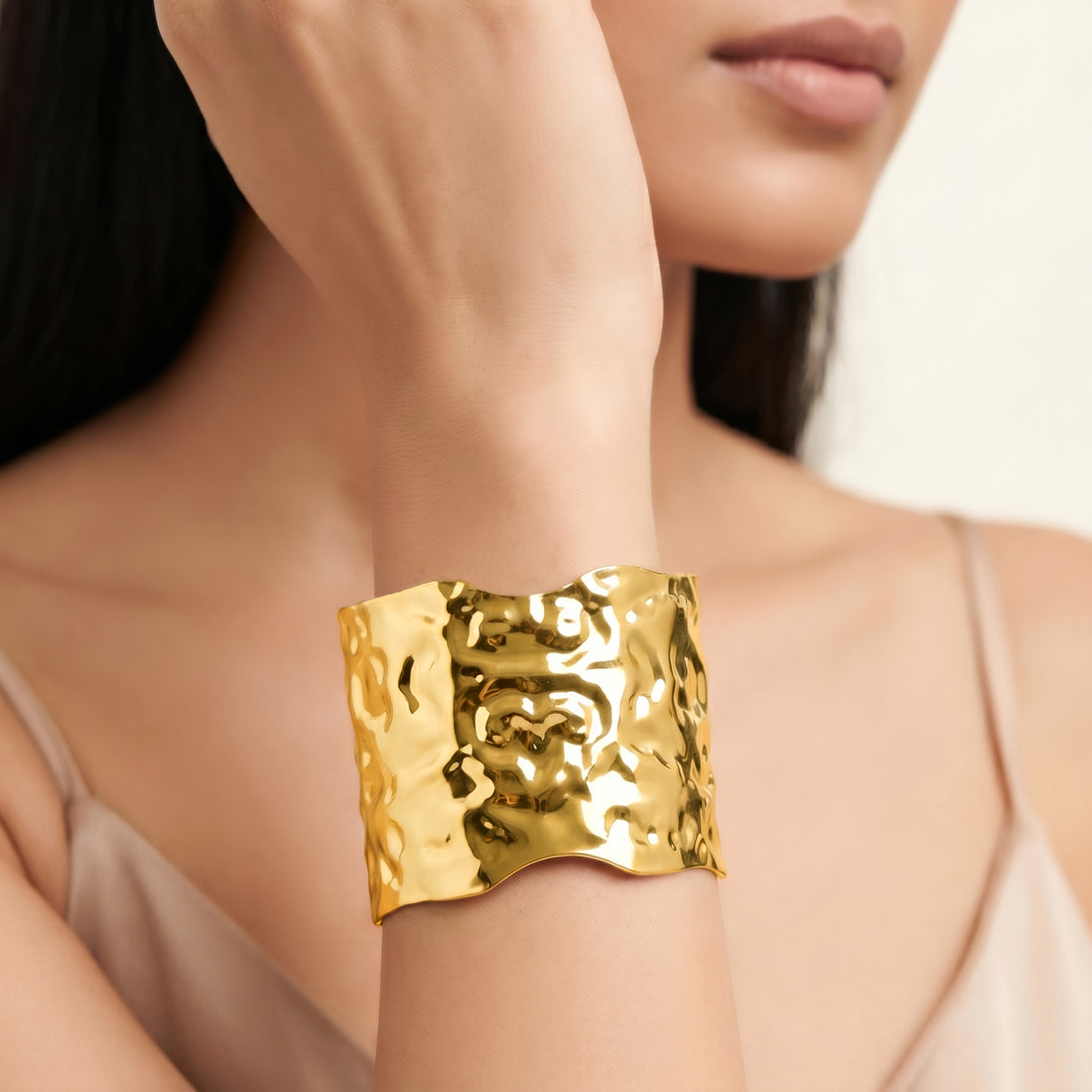 PRAO Bracelet Anti-Tarnish Molten Texture Statement Cuff (Adjustable Size)