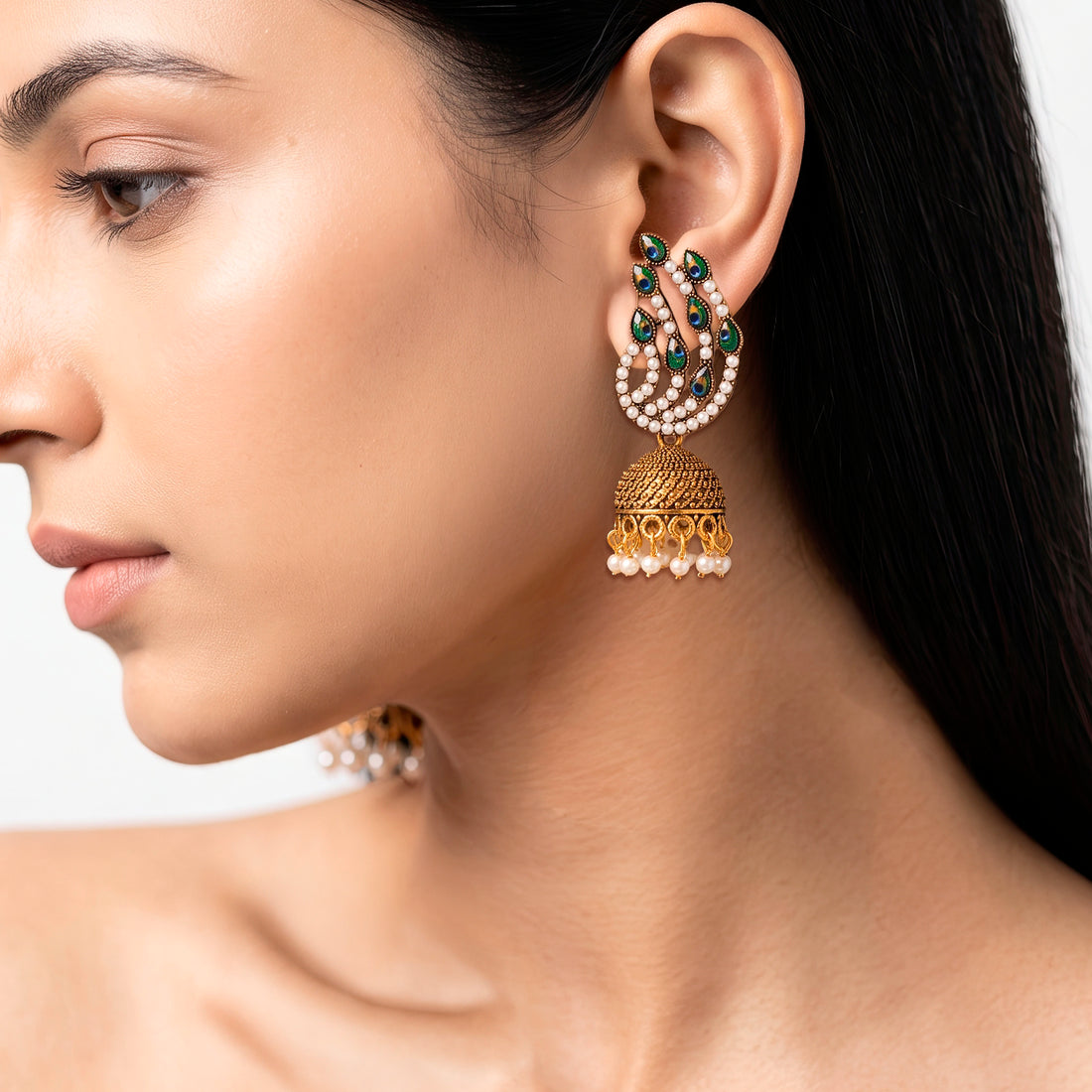 PRAO Earrings Anti-Tarnish Pearl Peacock Jhumka