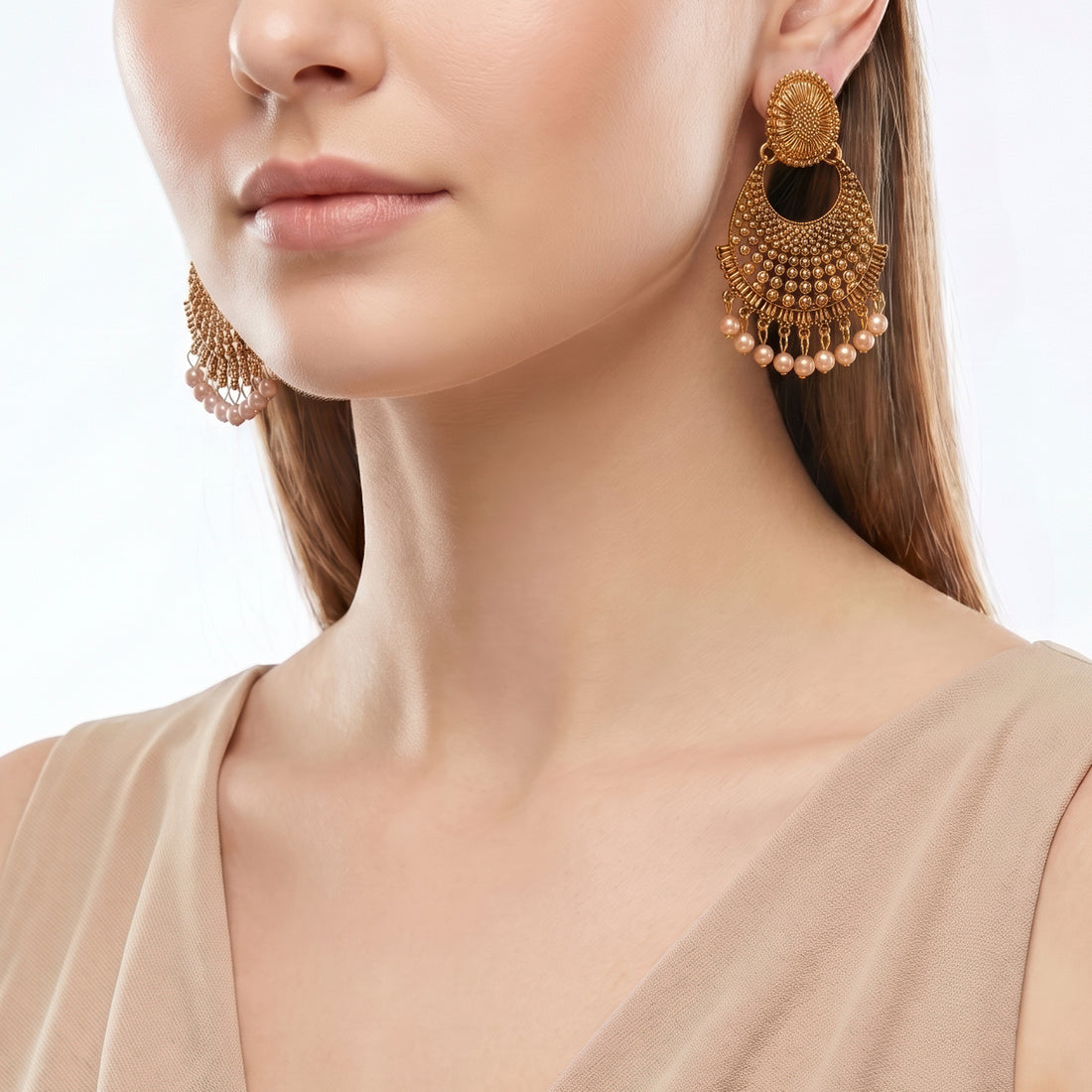 PRAO Earrings Anti-Tarnish Antique Pearl Drop Chandbali