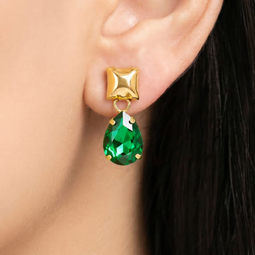 PRAO Earrings Anti-Tarnish Emerald Teardrop Dangle Earrings With Square Studs