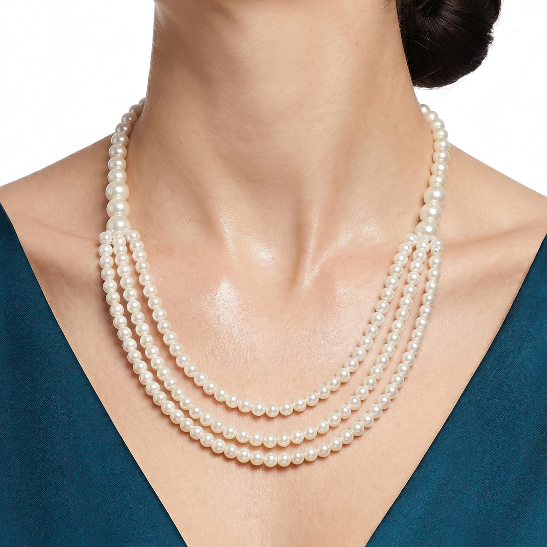 PRAO Necklace Anti-Tarnish Triple-Layered Faux Pearl Set With Earrings