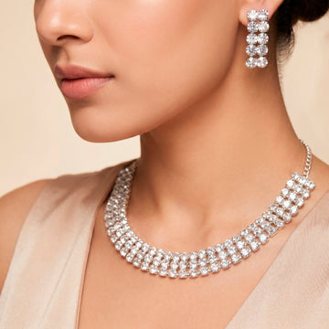 PRAO Necklace Anti-Tarnish Wide Multi-Row Choker Set With Earrings