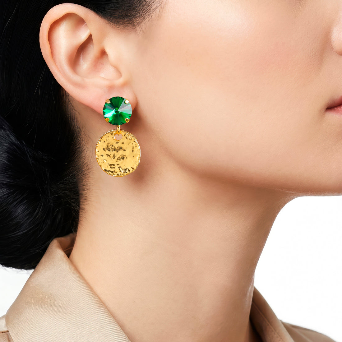 PRAO Earrings Anti-Tarnish Hammered Coin Dangles With Emerald Crystal